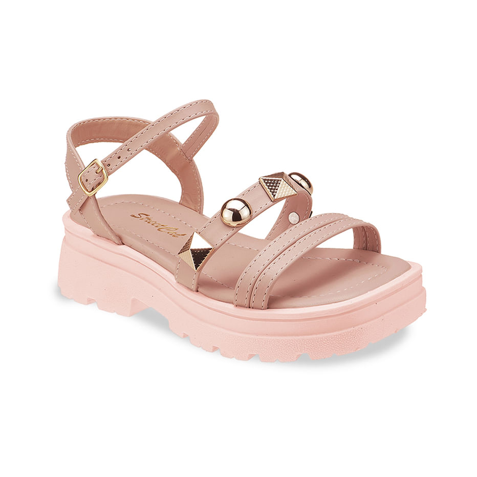 Sandália infantil rosa com design de plataforma e detalhes em dourado